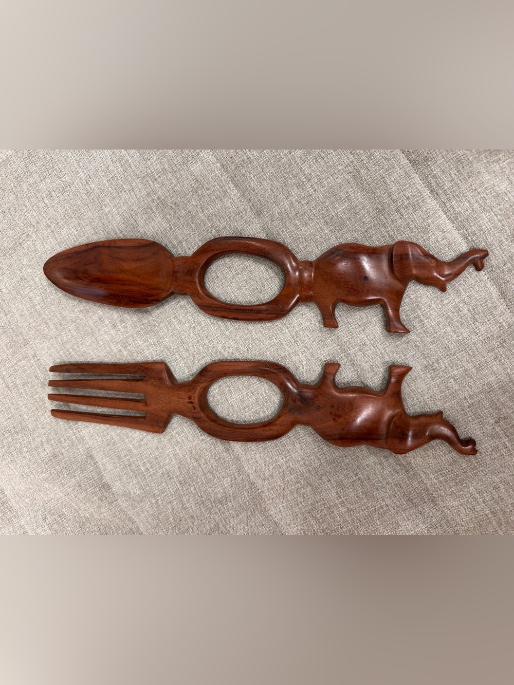 Vintage Hand Carved Wooden Elephant Handle Salad Fork & Spoon Set, 12” Long